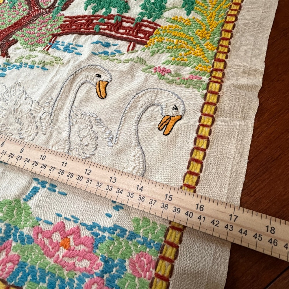 Vintage Hand Embroidered Swan Pond Garden Scene Textile Art Panel Grannycore - Picture 3 of 9
